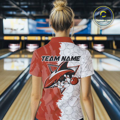 Custom White And Orange Shark Bowling Women Quarter-Zip Shirt, Shark Bowling League Shirt IPHW8991