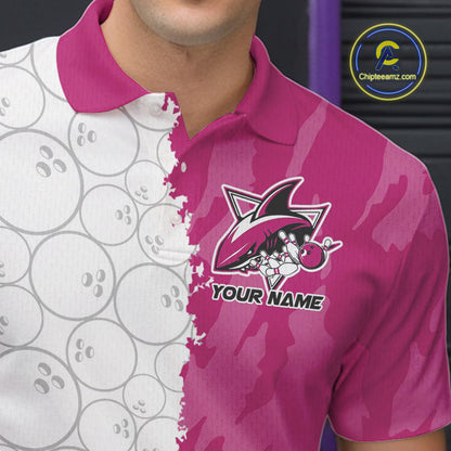 Custom White And Pink Shark Bowling Polo Shirts For Men, Shark Bowling League Shirt IPHW8992