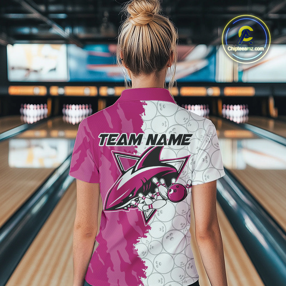 Custom White And Pink Shark Bowling Polo Shirts For Women, Shark Bowling League Shirt IPHW8992