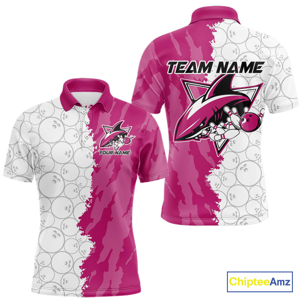 Custom White And Pink Shark Bowling Polo Shirts For Men, Shark Bowling League Shirt IPHW8992