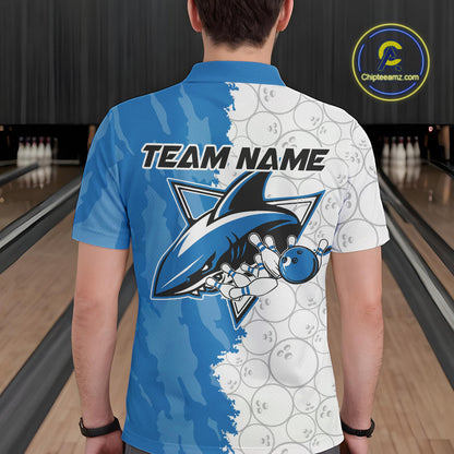 Custom White And Blue Shark Bowling Polo Shirts For Men, Shark Bowling League Shirt IPHW8993