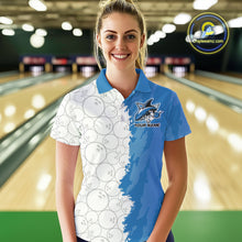 Load image into Gallery viewer, Custom White And Blue Shark Bowling Polo Shirts For Women, Shark Bowling League Shirt IPHW8993