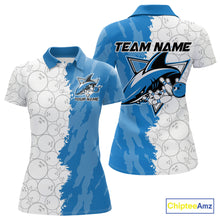 Load image into Gallery viewer, Custom White And Blue Shark Bowling Polo Shirts For Women, Shark Bowling League Shirt IPHW8993