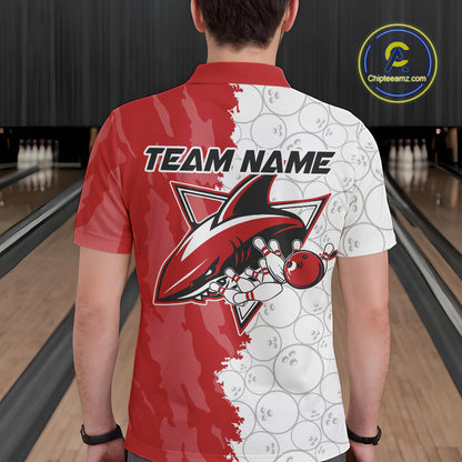 Custom White And Red Shark Bowling Polo Shirts For Men, Shark Bowling League Shirt IPHW8994