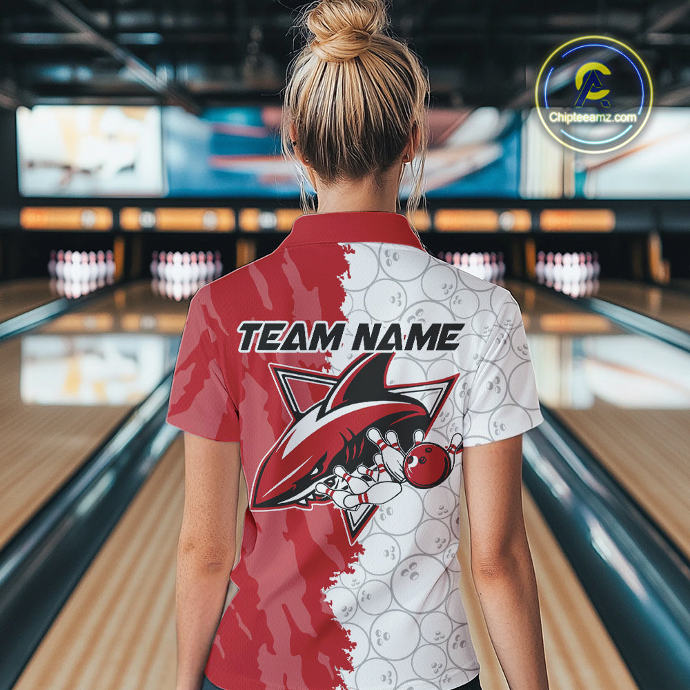 Custom White And Red Shark Bowling Polo Shirts For Women, Shark Bowling League Shirt IPHW8994