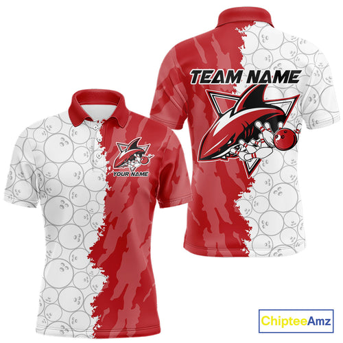Custom White And Red Shark Bowling Polo Shirts For Men, Shark Bowling League Shirt IPHW8994