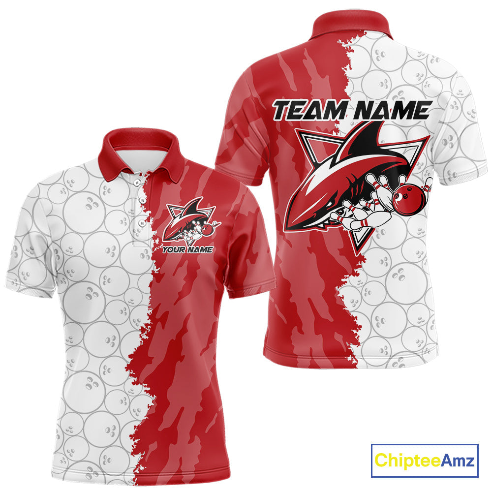 Custom White And Red Shark Bowling Polo Shirts For Men, Shark Bowling League Shirt IPHW8994