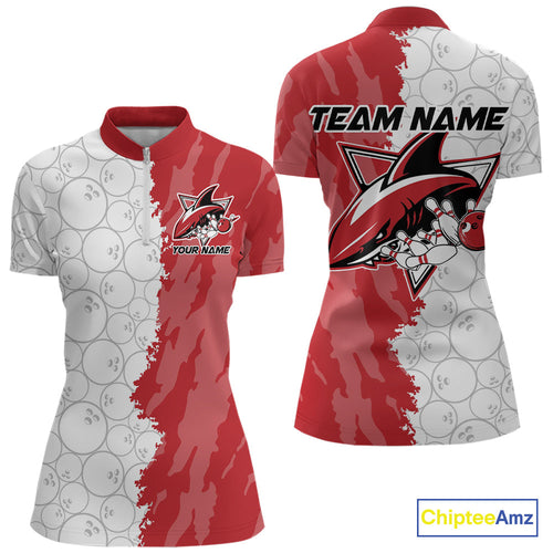 Custom White And Red Shark Bowling Women Quarter-Zip Shirts, Shark Bowling League Shirt IPHW8994