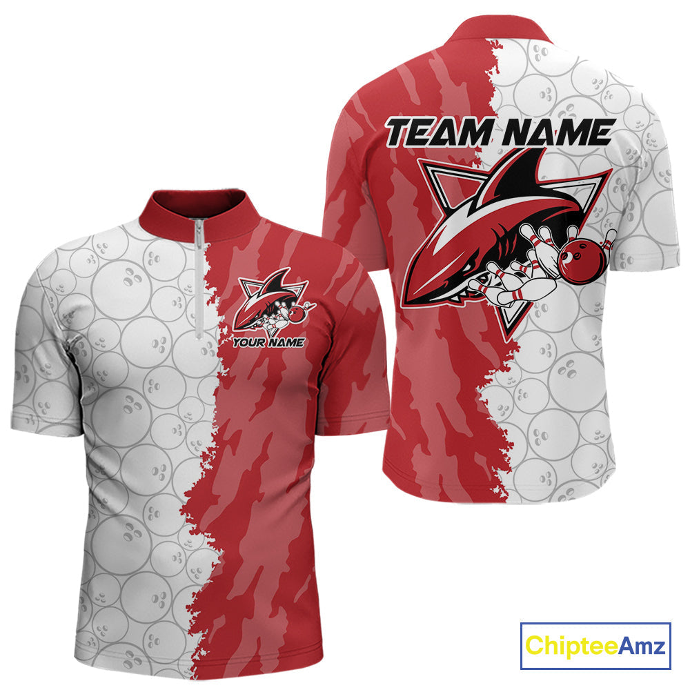 Custom White And Red Shark Bowling Quarter-Zip Shirts For Men, Shark Bowling League Shirt IPHW8994