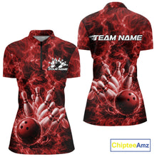 Load image into Gallery viewer, Custom Red Fire Flame Bowling Women Quarter-Zip Tournament Shirt, Team Bowling Jerseys IPHW11103