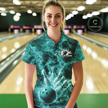 Load image into Gallery viewer, Custom Turquoise Blue Fire Flame Bowling Women Polo Tournament Shirt, Team Bowling Jerseys IPHW11104