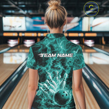 Load image into Gallery viewer, Custom Turquoise Blue Fire Flame Bowling Women Polo Tournament Shirt, Team Bowling Jerseys IPHW11104