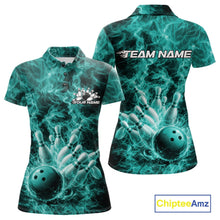Load image into Gallery viewer, Custom Turquoise Blue Fire Flame Bowling Women Polo Tournament Shirt, Team Bowling Jerseys IPHW11104