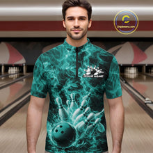 Load image into Gallery viewer, Custom Turquoise Blue Fire Flame Bowling Men Quarter-Zip Tournament Shirt, Team Bowling Jerseys IPHW11104