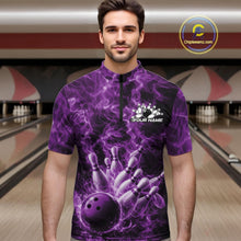 Load image into Gallery viewer, Custom Purple Fire Flame Bowling Men Quarter-Zip Tournament Shirt, Team Bowling Jerseys IPHW11105