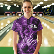 Load image into Gallery viewer, Custom Purple Fire Flame Bowling Women Tournament Shirt, Team Bowling Jerseys IPHW11105