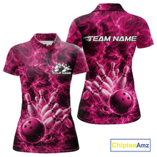 Load image into Gallery viewer, Custom Pink Fire Flame Bowling Women Polo Tournament Shirt, Team Bowling Jerseys IPHW11106