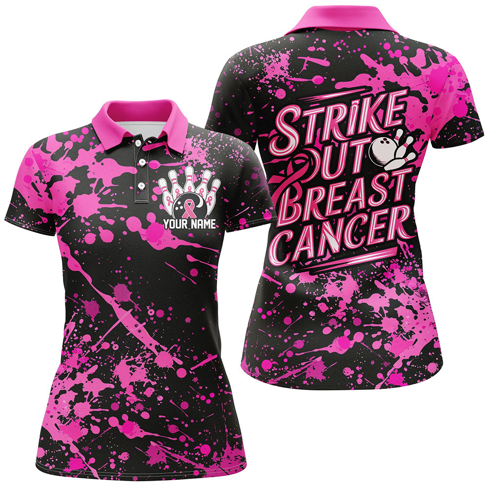 Black And Pin Strike Out Breast Cancer Pink Ribbon Custom Breast Cancer Ladies Bowling Shirt IPHW7049