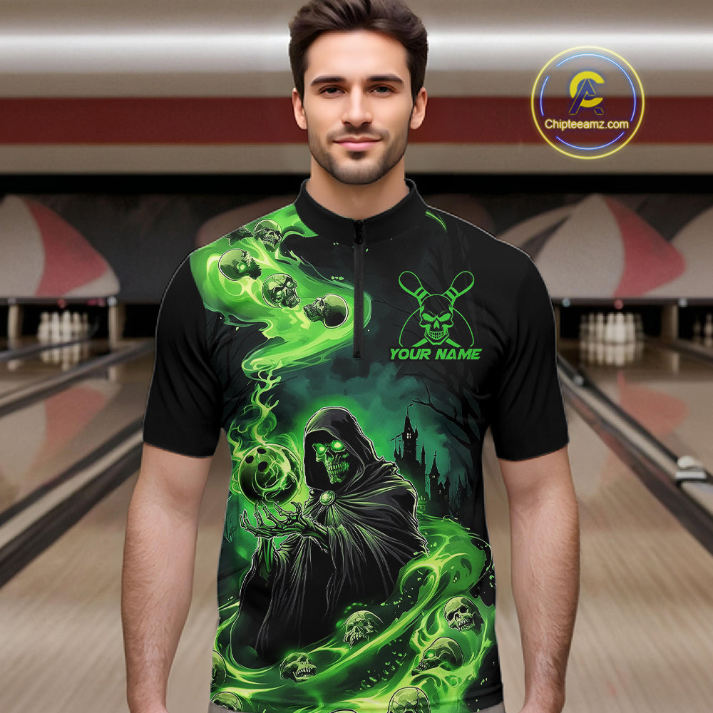 Black And Green Grim Reaper Custom Halloween Bowling Team Shirts For Men, Bowling Gifts IPHW7612