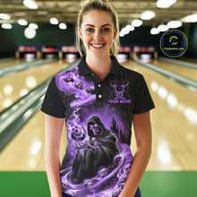 Load image into Gallery viewer, Black And Purple Grim Reaper Custom Halloween Bowling Team Shirts For Women, Bowling Gifts IPHW7613