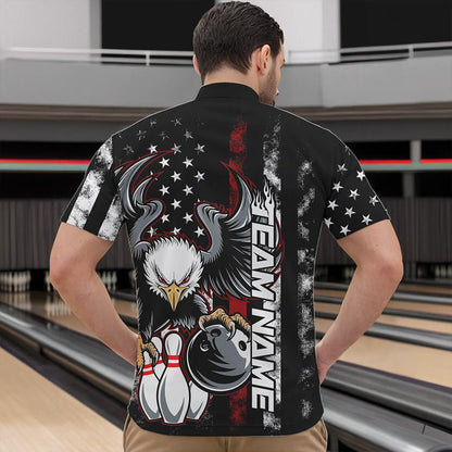 Custom Red Thin Line American Flag Eagle Bowling Men Quarter-Zip Shirts, Patriotic US Bowling Shirt IPHW8736