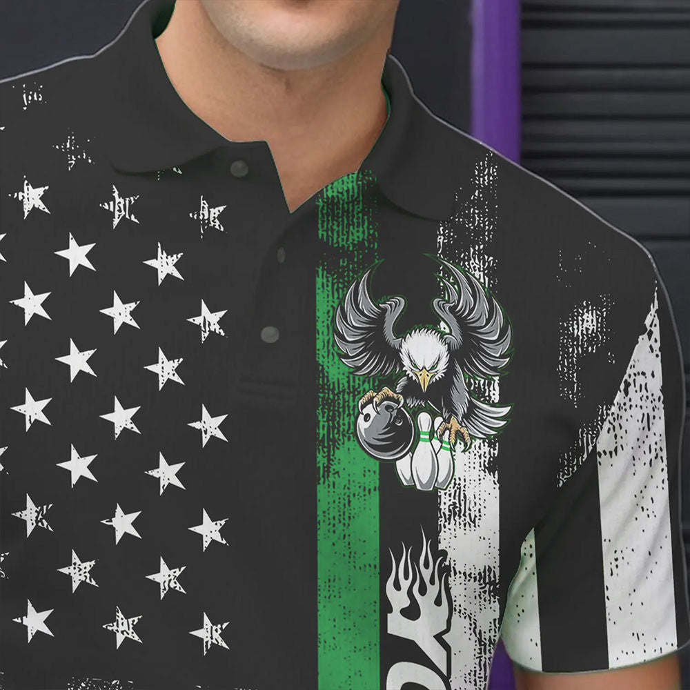 Custom Green Thin Line American Flag Eagle Bowling Men Polo Shirts, Patriotic US Bowling Shirt IPHW8737