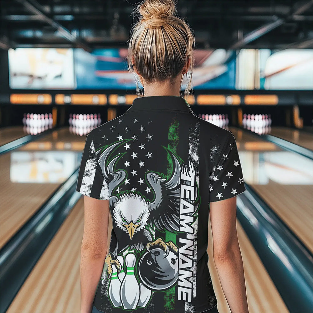 Custom Green Thin Line American Flag Eagle Bowling Women Polo Shirts, Patriotic US Bowling IPHW8737