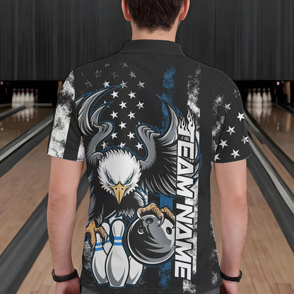 Custom Blue Thin Line American Flag Eagle Bowling Men Polo Shirts, Patriotic US Bowling Shirt IPHW8738