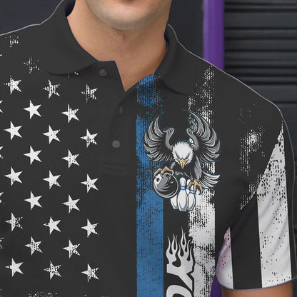 Custom Blue Thin Line American Flag Eagle Bowling Men Polo Shirts, Patriotic US Bowling Shirt IPHW8738