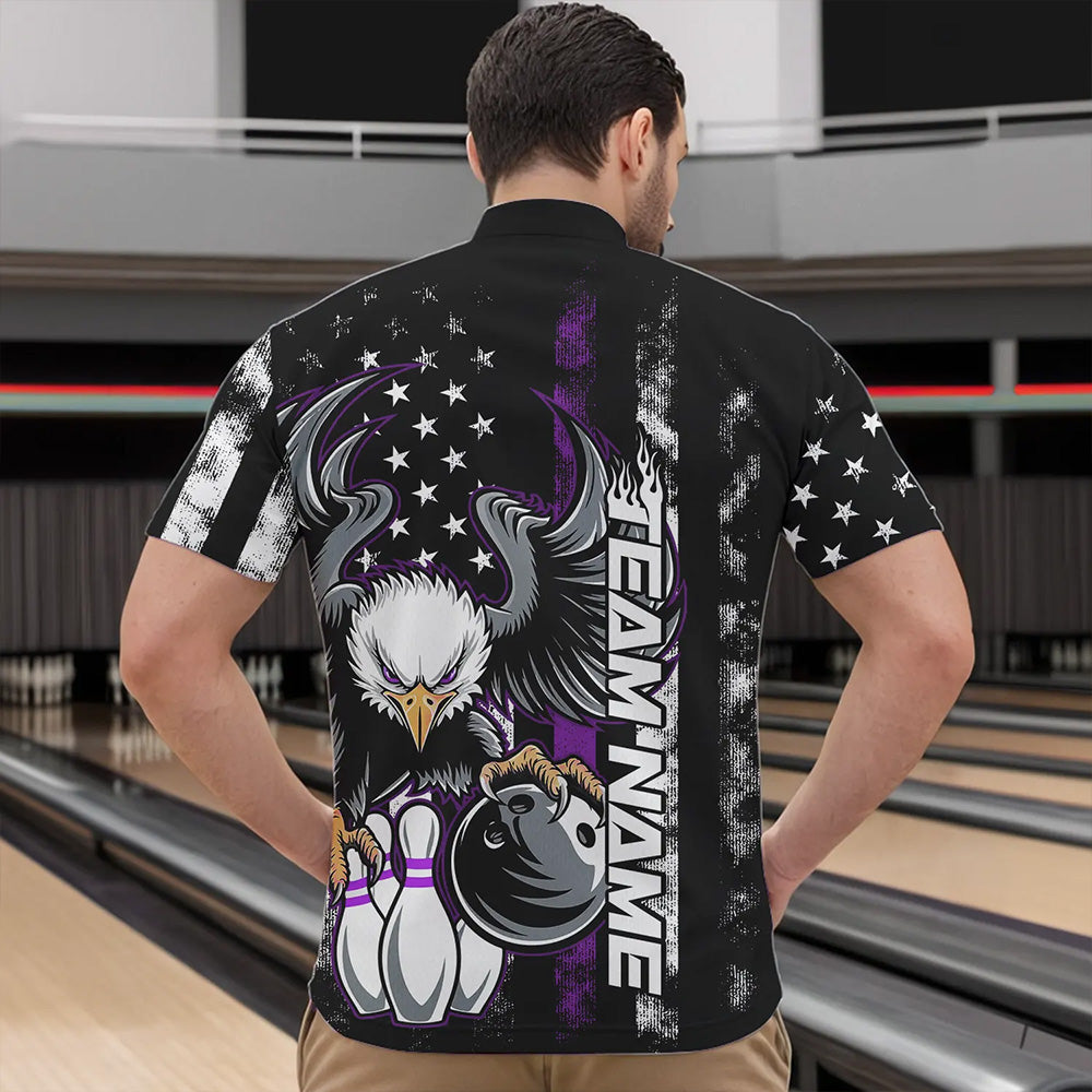 Custom Purple Thin Line American Flag Eagle Bowling Men Quarter-Zip Shirts, Patriotic US Bowling IPHW8739