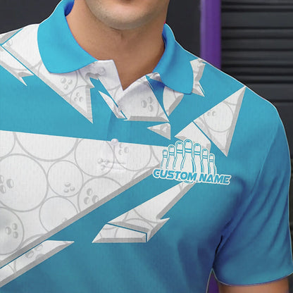 Custom White And Blue Bowling Team Polo Shirts For Men, Bowling Ball Pattern Bowlers Outfit IPHW8741