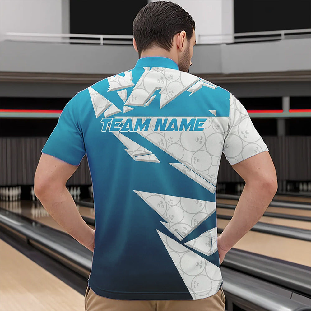 Custom White And Blue Bowling Team Quarter-Zip Shirts For Men, Bowling Ball Pattern Bowlers Outfit IPHW8741