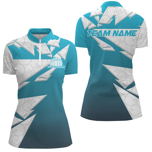 Custom White And Blue Bowling Team Women Quarter-Zip Shirt, Bowling Ball Pattern Outfit IPHW8741