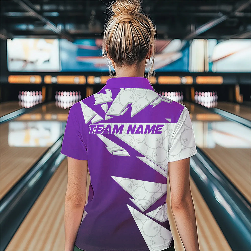Custom White And Purple Bowling Team Womens Polo Shirt, Bowling Ball Pattern Bowlers Outfit IPHW8742