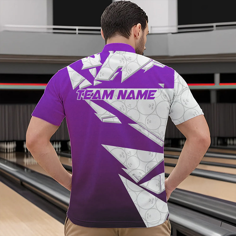 Custom White And Purple Bowling Team Men Quarter-Zip Shirts, Bowling Ball Pattern Bowlers Outfit IPHW8742