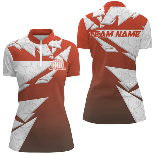 Custom White And Orange Bowling Team Women Quarter-Zip Shirt, Bowling Ball Pattern Outfit IPHW8743