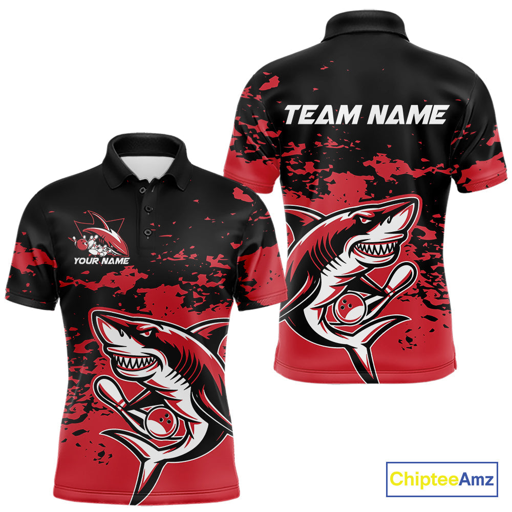 Custom Black And Red Camo Shark Bowling Team Men Polo Shirts, Bowling Tournament Shirt IPHW8995