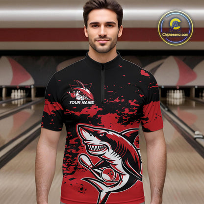 Custom Black And Red Camo Shark Bowling Team Men Quarter-Zip Shirts, Bowling Tournament Shirt IPHW8995