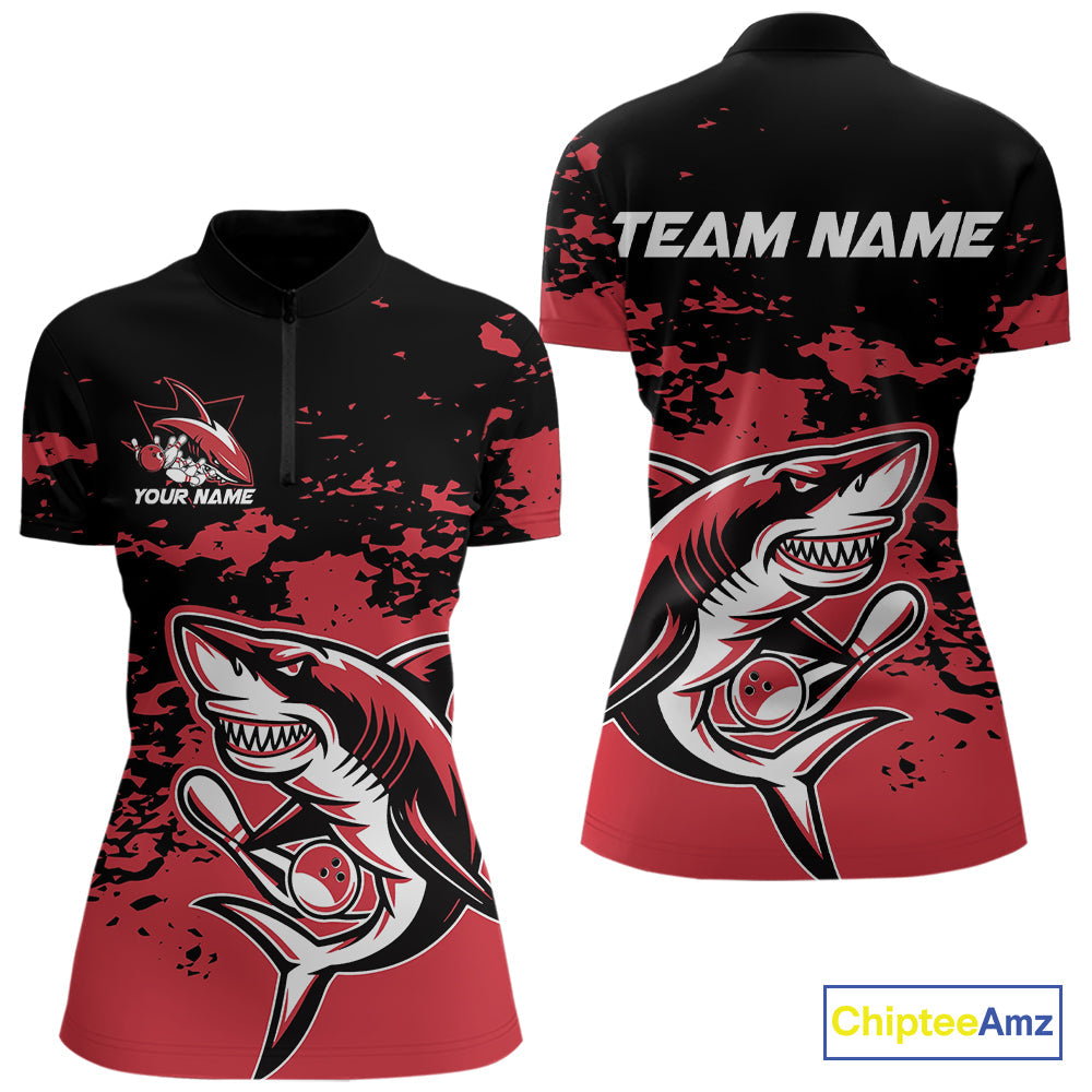 Custom Black And Red Camo Shark Bowling Women Quarter-Zip Shirt, Bowling Tournament Shirt IPHW8995