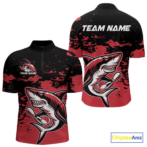 Custom Black And Red Camo Shark Bowling Team Men Quarter-Zip Shirts, Bowling Tournament Shirt IPHW8995