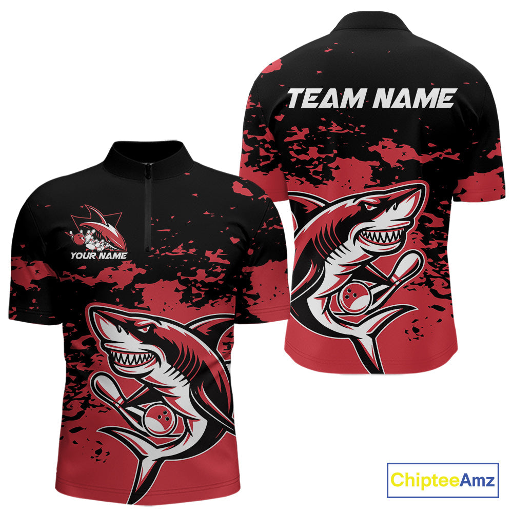 Custom Black And Red Camo Shark Bowling Team Men Quarter-Zip Shirts, Bowling Tournament Shirt IPHW8995