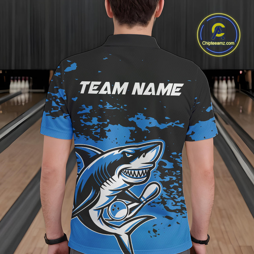 Custom Black And Blue Camo Shark Bowling Team Men Polo Shirts, Bowling Tournament Shirt IPHW8996