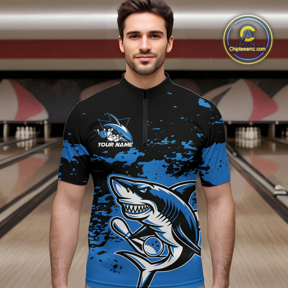 Custom Black And Blue Camo Shark Bowling Team Men Quarter-Zip Shirts, Bowling Tournament Shirt IPHW8996