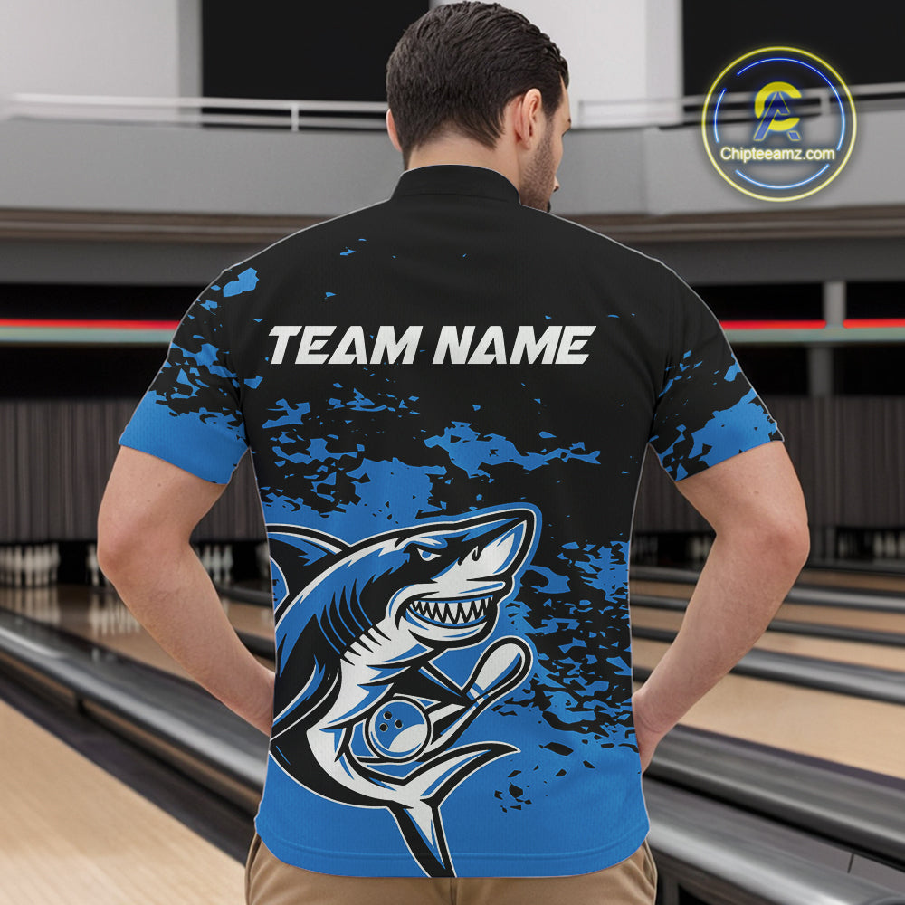 Custom Black And Blue Camo Shark Bowling Team Men Quarter-Zip Shirts, Bowling Tournament Shirt IPHW8996
