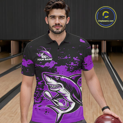 Custom Black And Purple Camo Shark Bowling Team Men Polo Shirts, Bowling Tournament Shirt IPHW8997