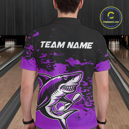Custom Black And Purple Camo Shark Bowling Team Men Polo Shirts, Bowling Tournament Shirt IPHW8997