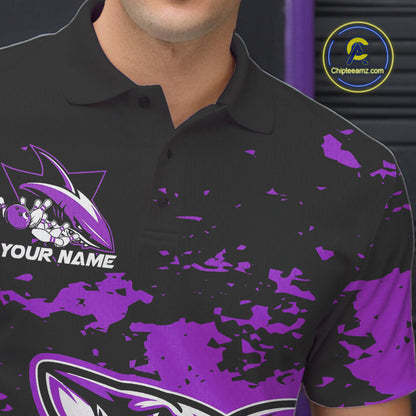 Custom Black And Purple Camo Shark Bowling Team Men Polo Shirts, Bowling Tournament Shirt IPHW8997
