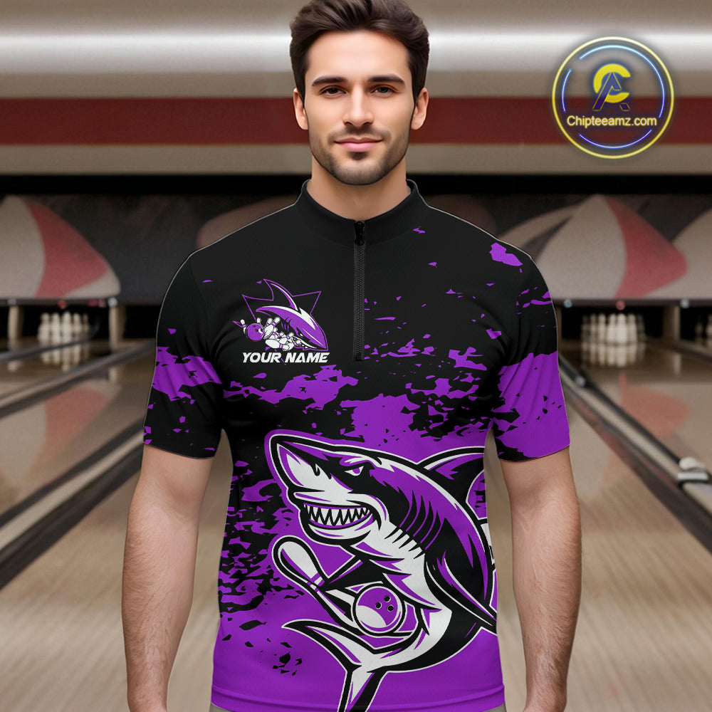 Custom Black And Purple Camo Shark Bowling Team Men Quarter-Zip Shirts, Bowling Tournament Shirt IPHW8997