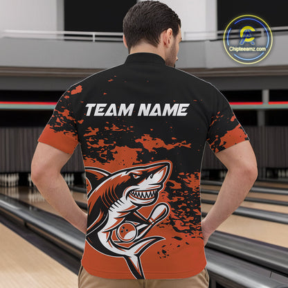 Custom Black And Ornage Camo Shark Bowling Team Men Quarter-Zip Shirts, Bowling Tournament Shirt IPHW8998