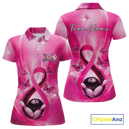 Front and back womens bowling polo featuring a pink awareness ribbon wrapped around a bowling ball with butterflies and bowling pins.